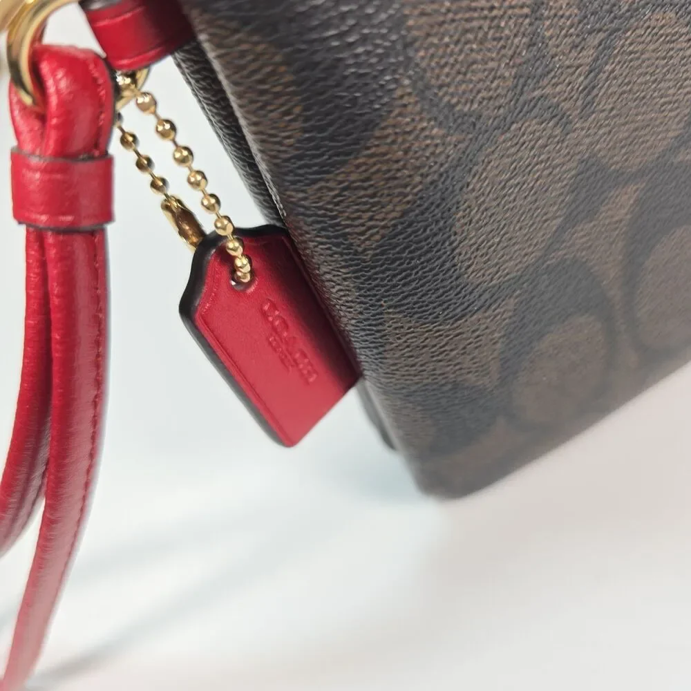 Coach Signature Double Zip Wristlet Wallet Brown Canvas Red Trim Leather
